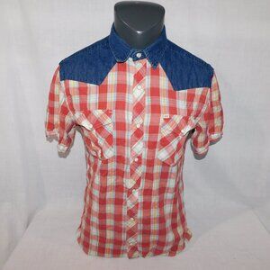 Salt Valley Western Mens M Red Plaid Denim Detail Short Sleeve pearl Snap Shirt